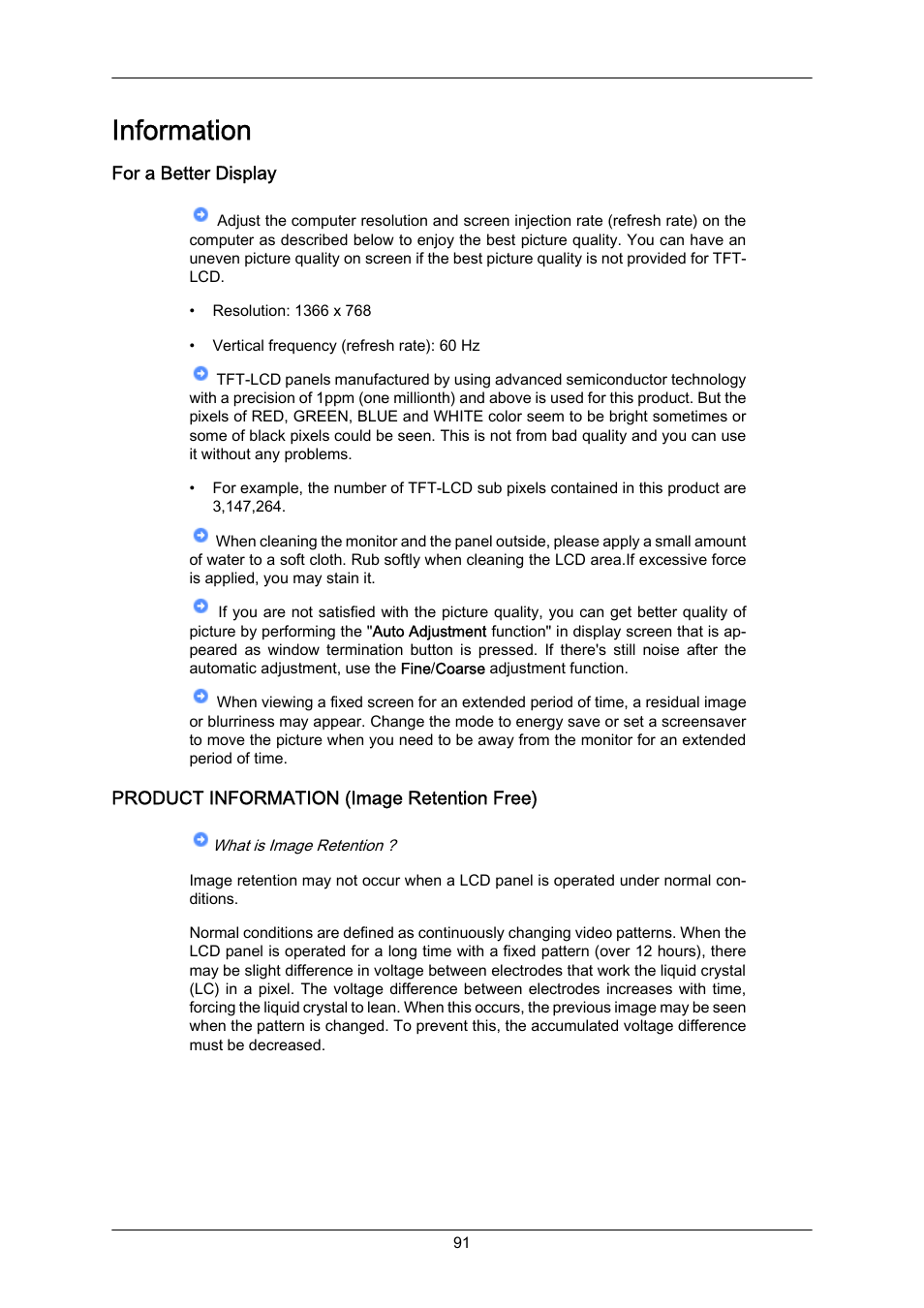 Information, For a better display, Product information (image retention free) | Samsung 460UT-2 User Manual | Page 113 / 121