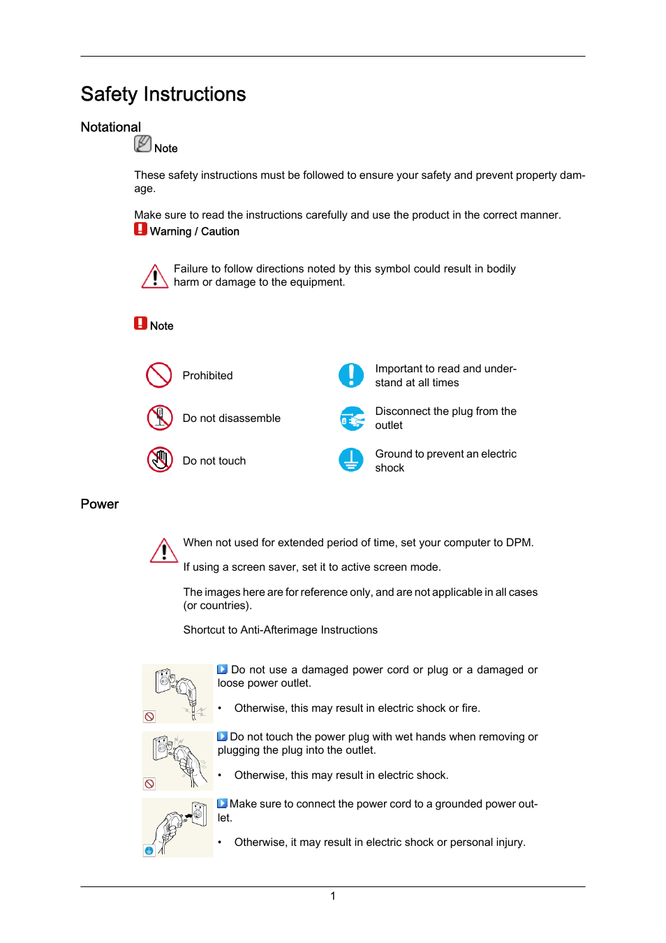 Safety instructions, Notational, Power | Samsung 460UT-2 User Manual | Page 2 / 121