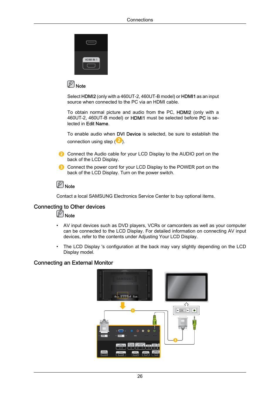 Connecting to other devices, Connecting an external monitor | Samsung 460UT-2 User Manual | Page 27 / 121