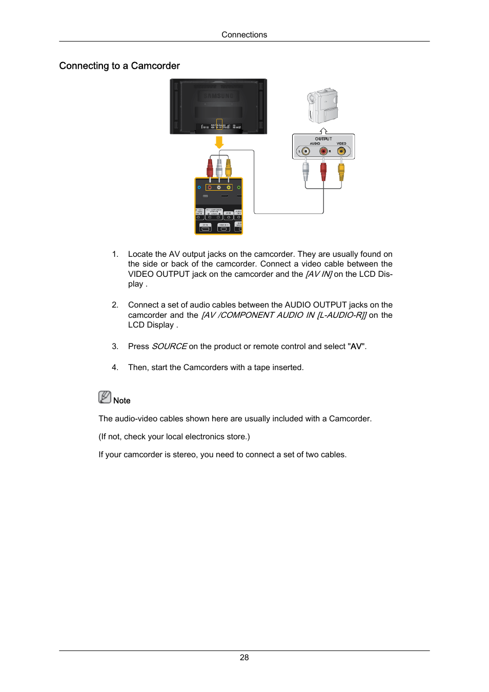 Connecting to a camcorder | Samsung 460UT-2 User Manual | Page 29 / 121