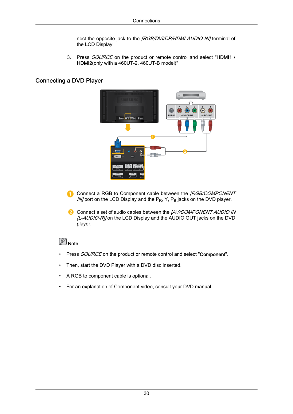 Connecting a dvd player | Samsung 460UT-2 User Manual | Page 31 / 121