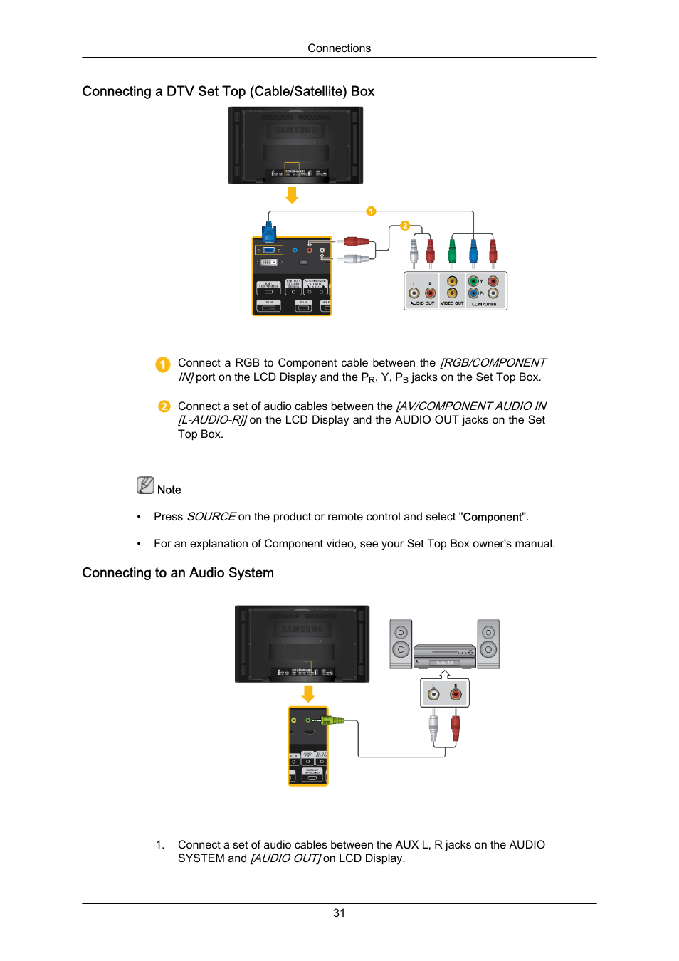 Connecting a dtv set top (cable/satellite) box, Connecting to an audio system | Samsung 460UT-2 User Manual | Page 32 / 121