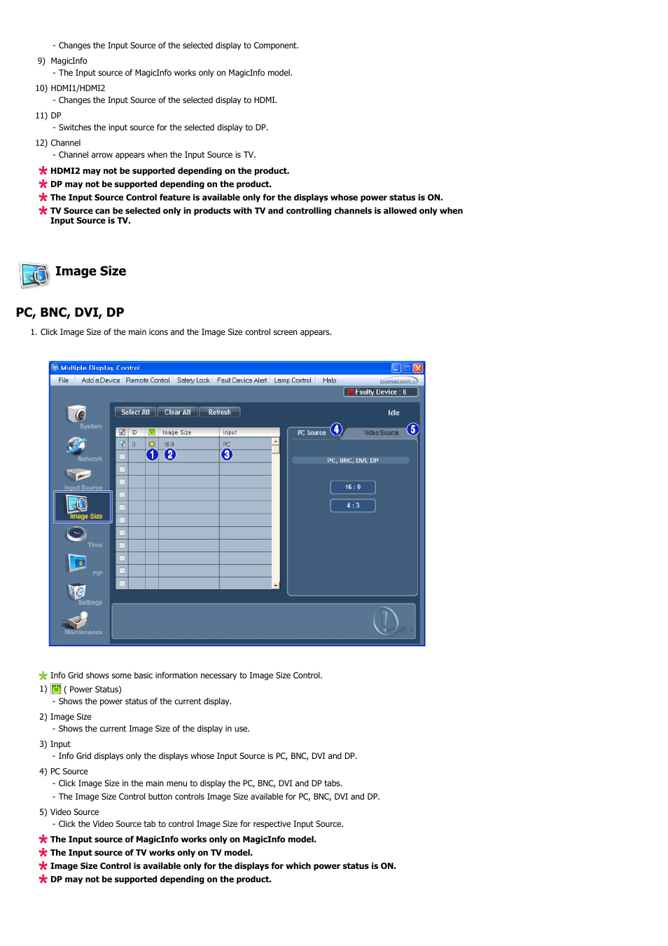 Image size pc, bnc, dvi, dp | Samsung 460UT-2 User Manual | Page 50 / 121