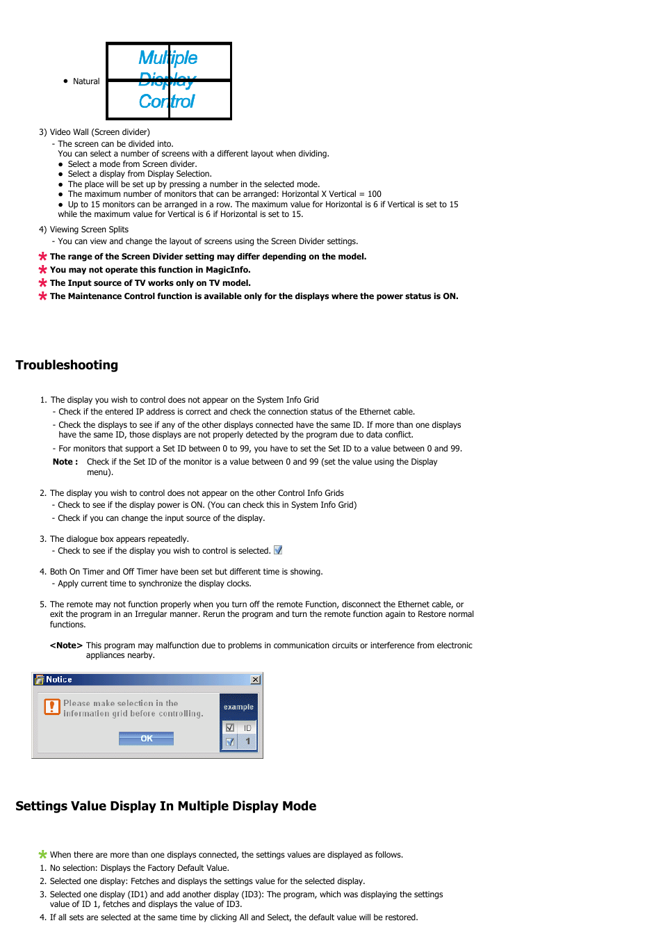 Troubleshooting, Settings value display in multiple display mode | Samsung 460UT-2 User Manual | Page 63 / 121