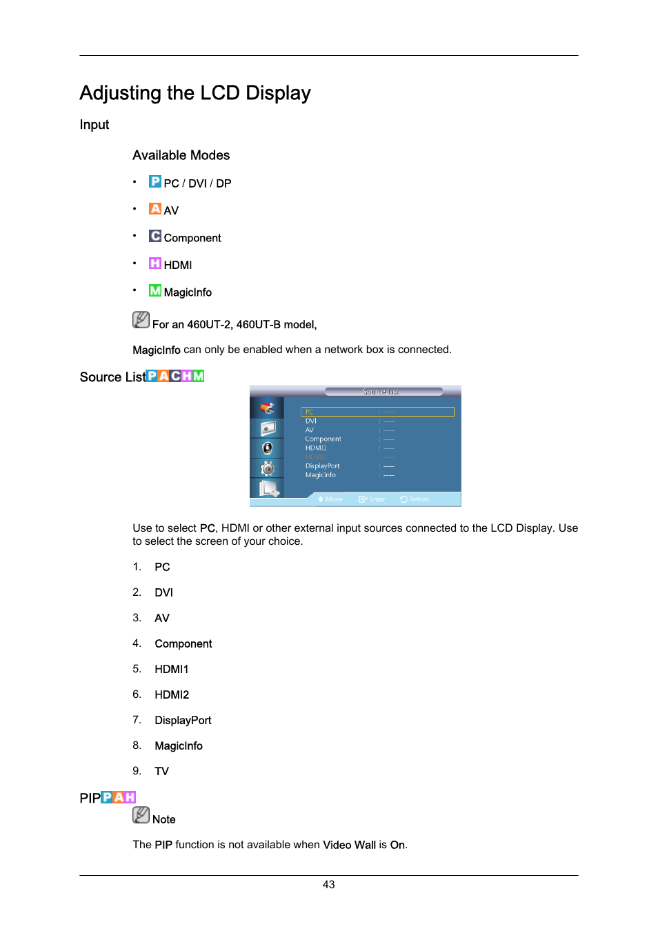 Adjusting the lcd display, Input, Source list | Samsung 460UT-2 User Manual | Page 65 / 121