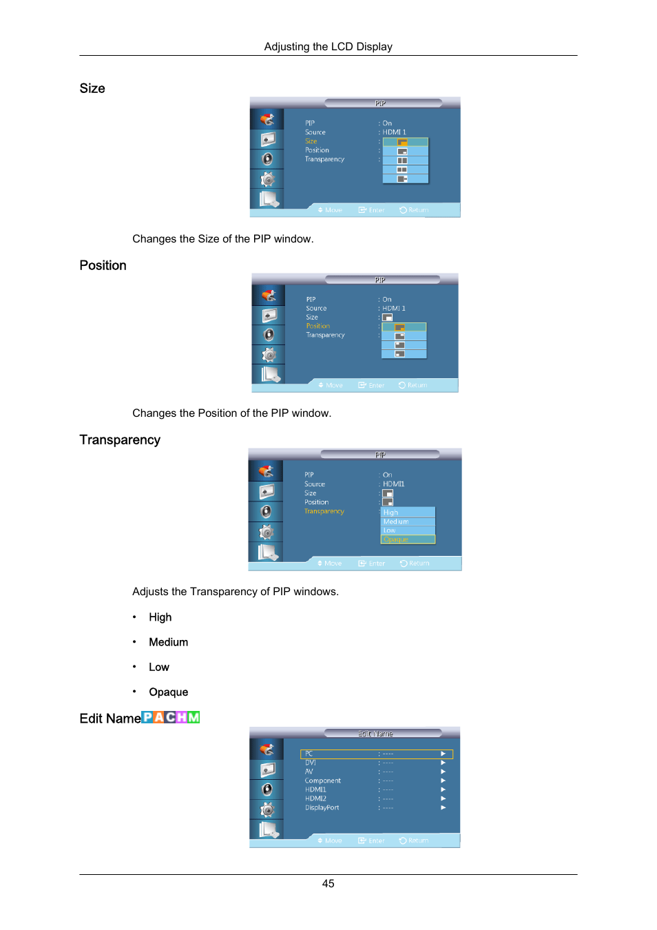 Size, Position, Transparency | Edit name | Samsung 460UT-2 User Manual | Page 67 / 121