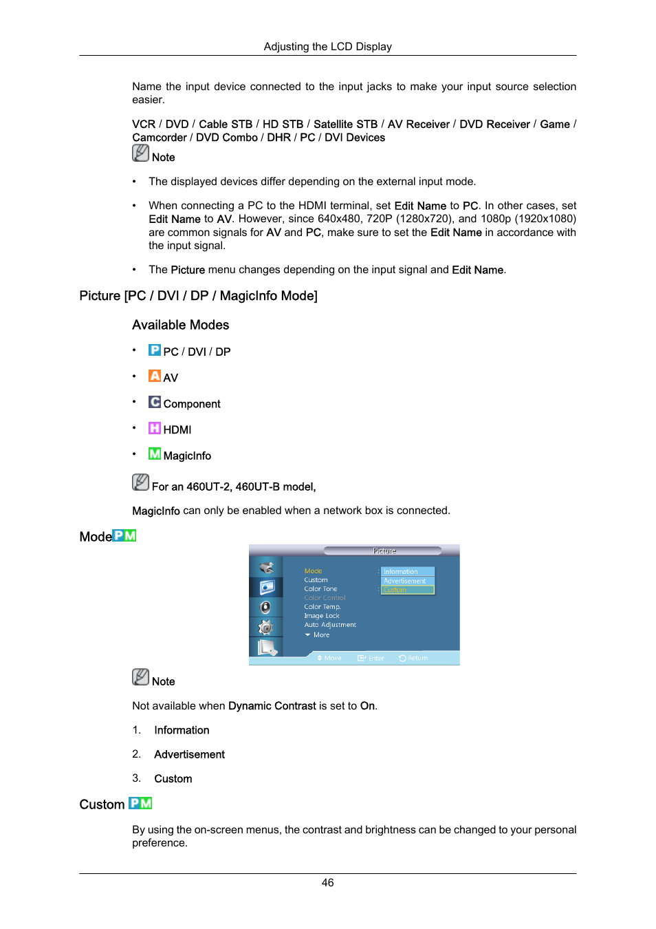 Picture [pc / dvi / dp / magicinfo mode, Mode, Custom | Samsung 460UT-2 User Manual | Page 68 / 121