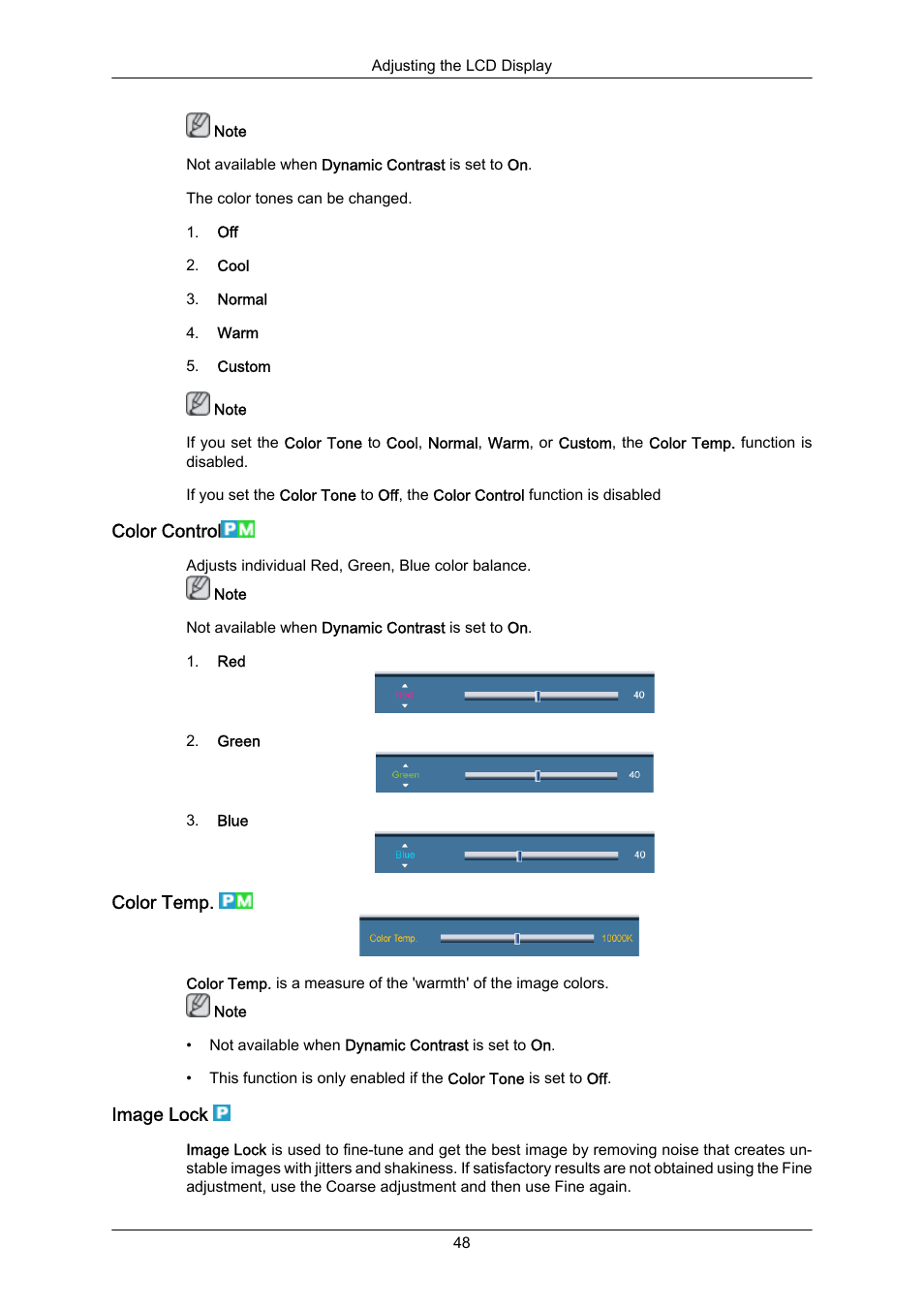 Color control, Color temp, Image lock | Samsung 460UT-2 User Manual | Page 70 / 121