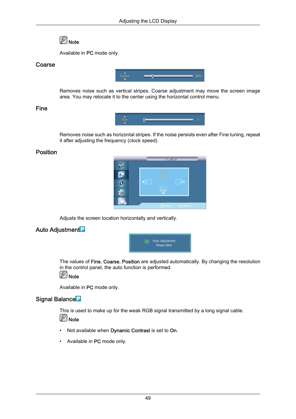 Coarse, Fine, Position | Auto adjustment, Signal balance | Samsung 460UT-2 User Manual | Page 71 / 121