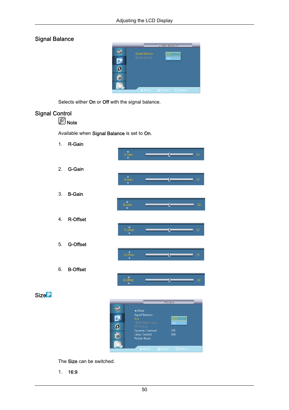 Signal balance, Signal control, Size | Samsung 460UT-2 User Manual | Page 72 / 121