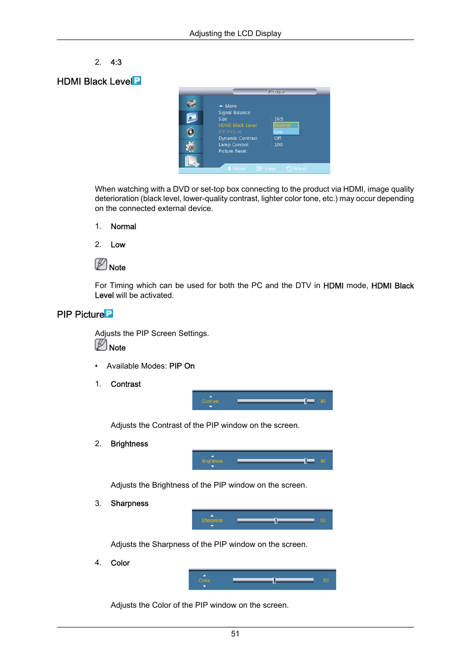 Hdmi black level, Pip picture | Samsung 460UT-2 User Manual | Page 73 / 121