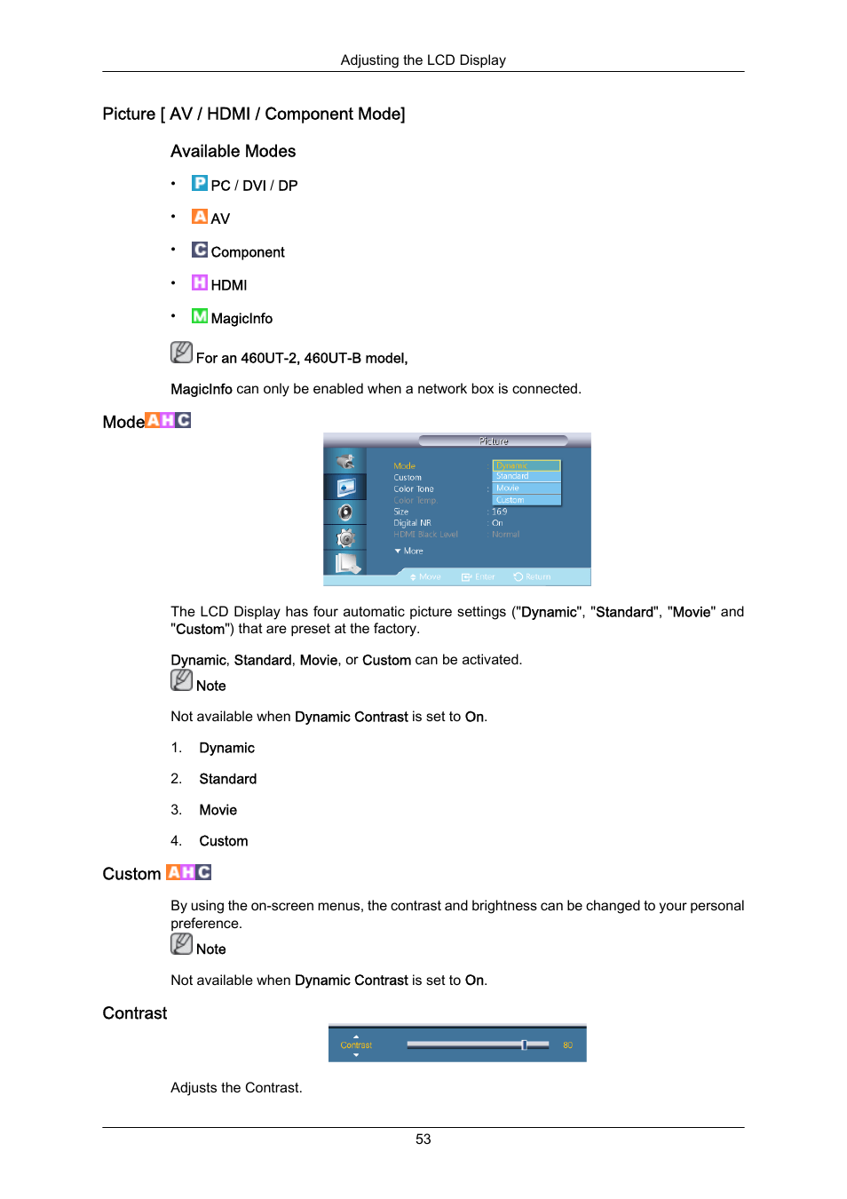 Picture [ av / hdmi / component mode, Mode, Custom | Contrast | Samsung 460UT-2 User Manual | Page 75 / 121