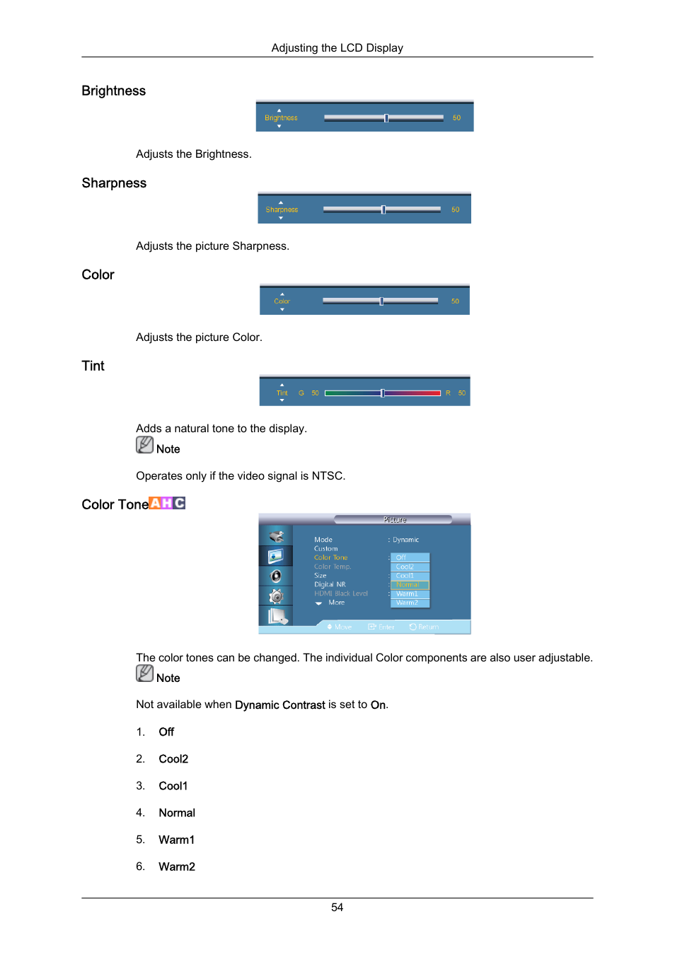 Brightness, Sharpness, Color | Tint, Color tone | Samsung 460UT-2 User Manual | Page 76 / 121