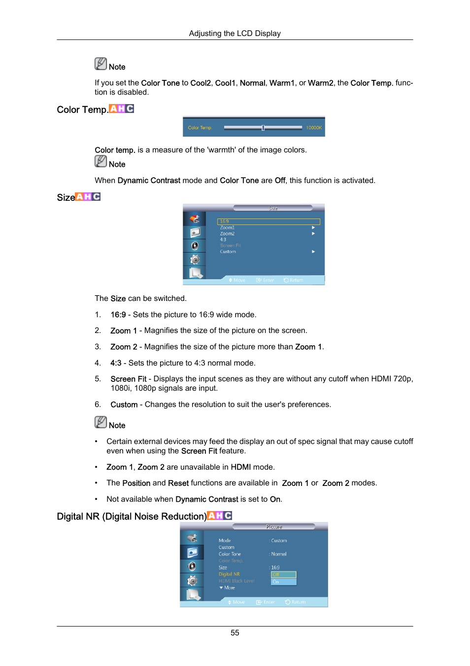 Color temp, Size, Digital nr (digital noise reduction) | Samsung 460UT-2 User Manual | Page 77 / 121