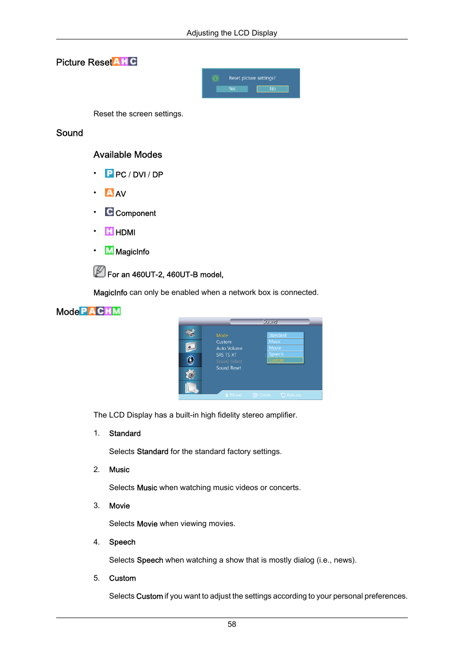 Picture reset, Sound, Mode | Samsung 460UT-2 User Manual | Page 80 / 121