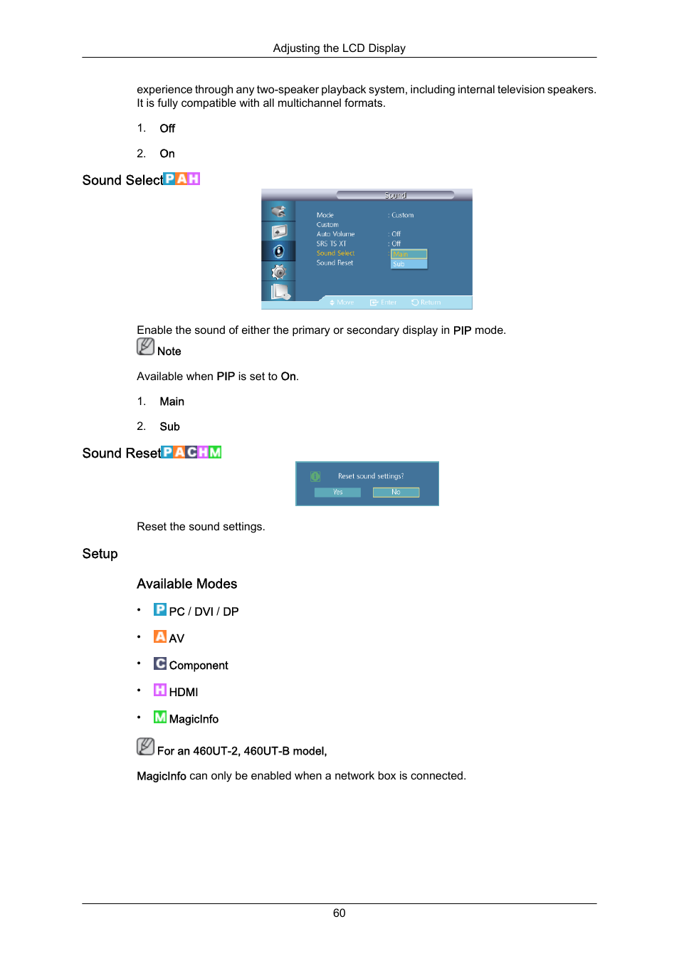 Sound select, Sound reset, Setup | Samsung 460UT-2 User Manual | Page 82 / 121