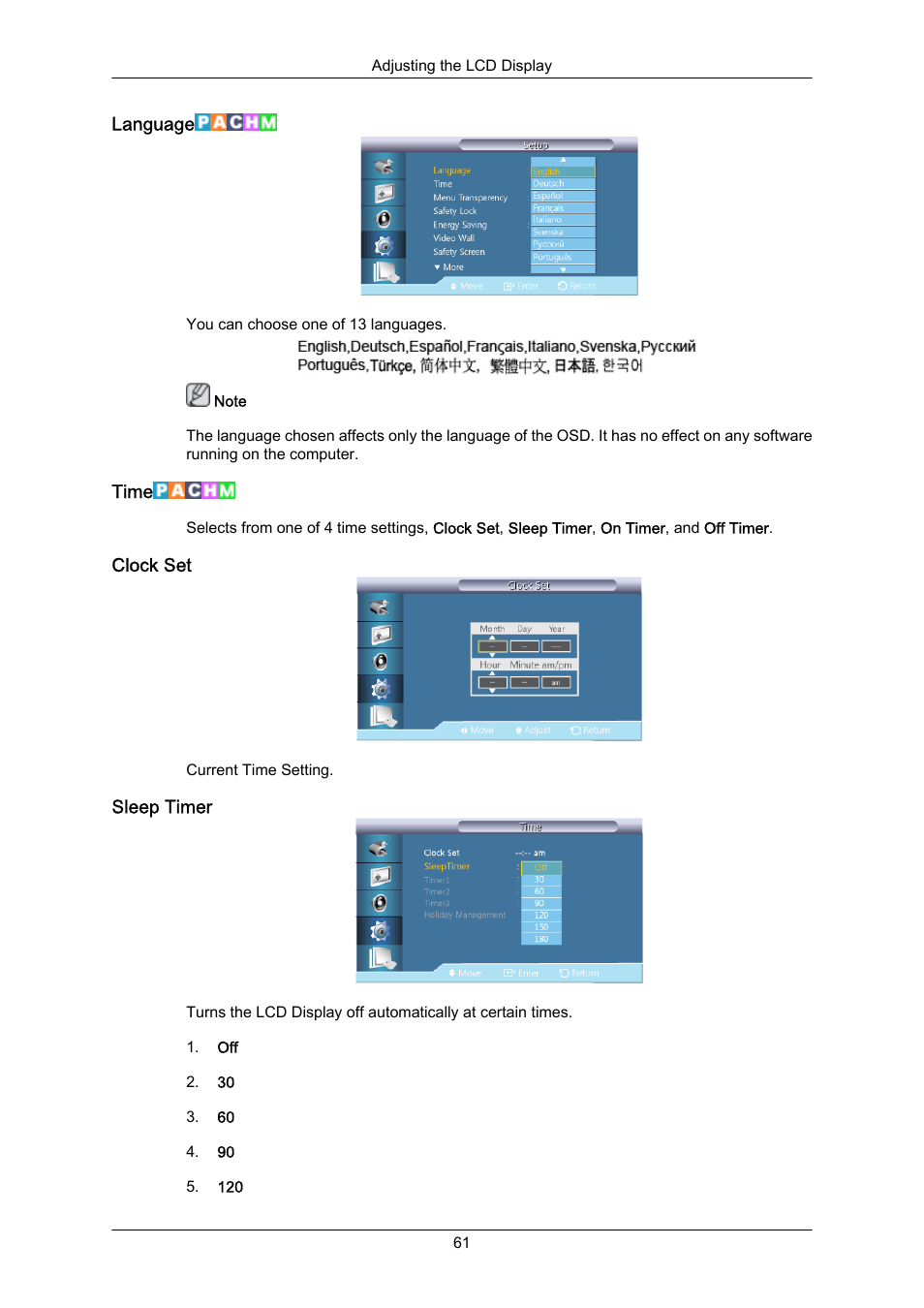 Language, Time, Clock set | Sleep timer | Samsung 460UT-2 User Manual | Page 83 / 121