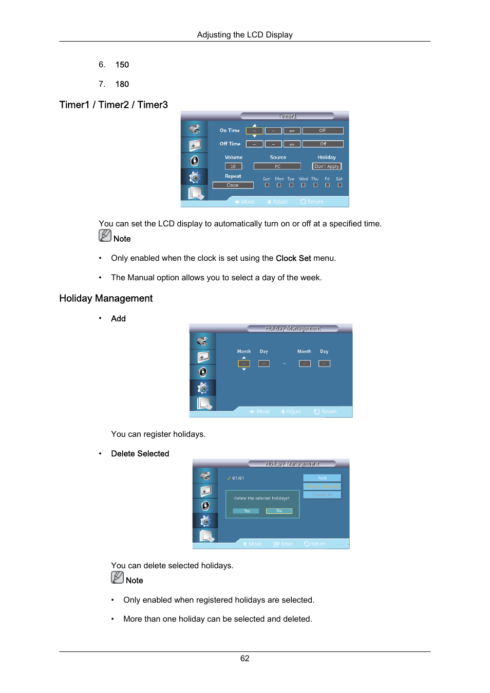 Timer1 / timer2 / timer3, Holiday management | Samsung 460UT-2 User Manual | Page 84 / 121