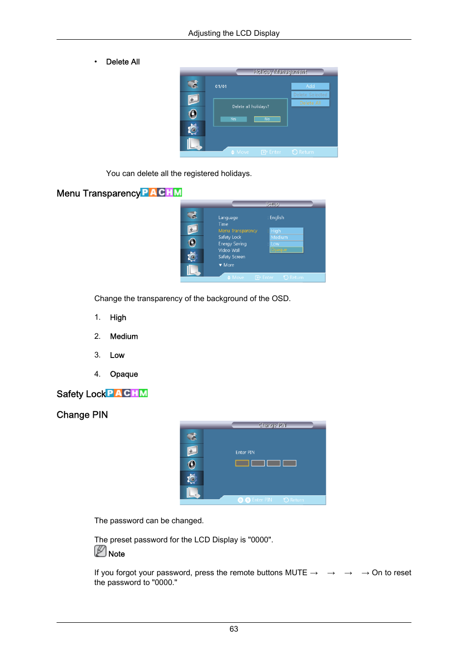 Menu transparency, Safety lock, Change pin | Samsung 460UT-2 User Manual | Page 85 / 121