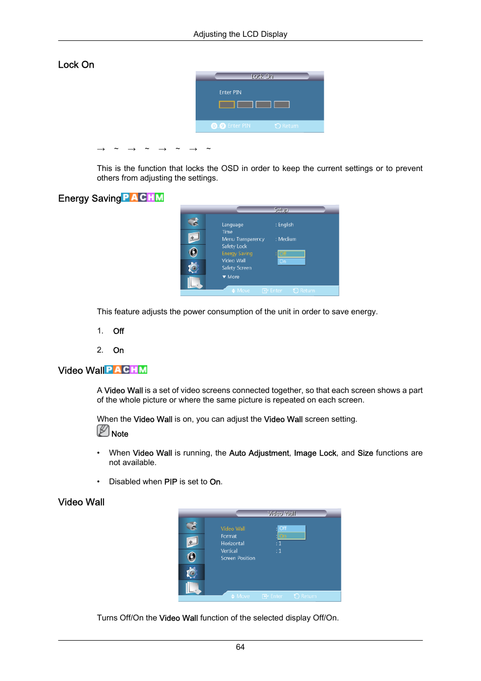 Lock on, Energy saving, Video wall | Samsung 460UT-2 User Manual | Page 86 / 121
