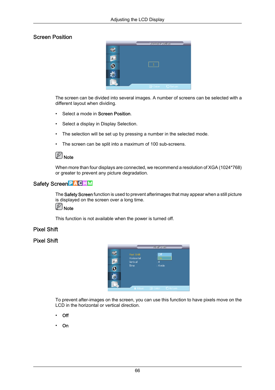 Screen position, Safety screen, Pixel shift | Samsung 460UT-2 User Manual | Page 88 / 121