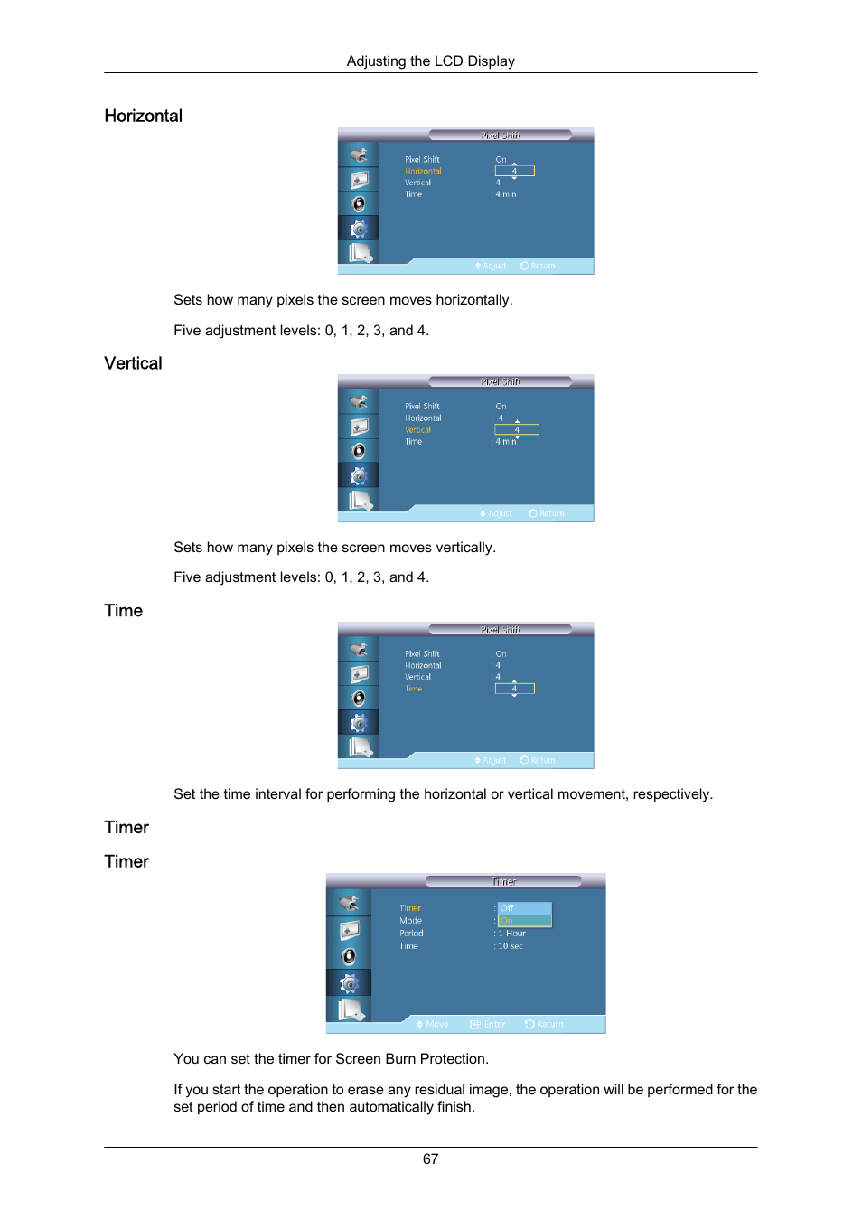 Horizontal, Vertical, Time | Timer | Samsung 460UT-2 User Manual | Page 89 / 121