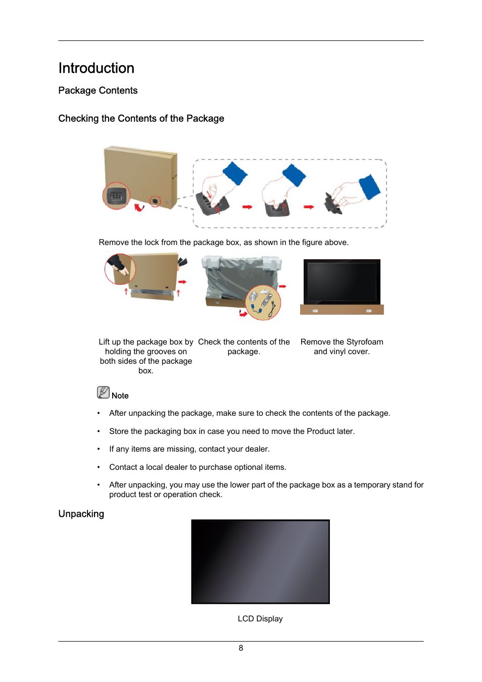 Introduction, Package contents, Checking the contents of the package | Unpacking | Samsung 460UT-2 User Manual | Page 9 / 121