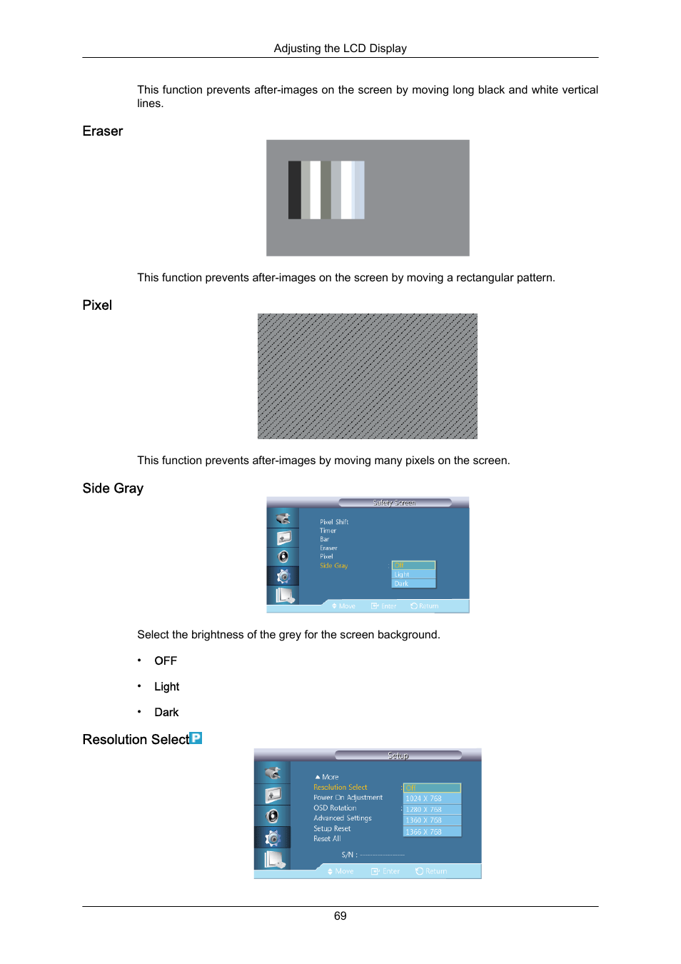 Eraser, Pixel, Side gray | Resolution select | Samsung 460UT-2 User Manual | Page 91 / 121