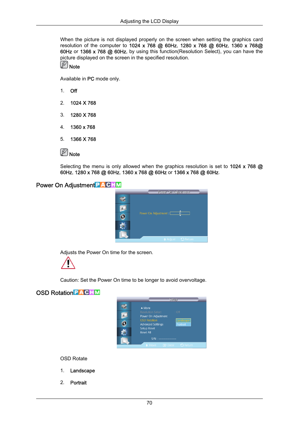 Power on adjustment, Osd rotation | Samsung 460UT-2 User Manual | Page 92 / 121