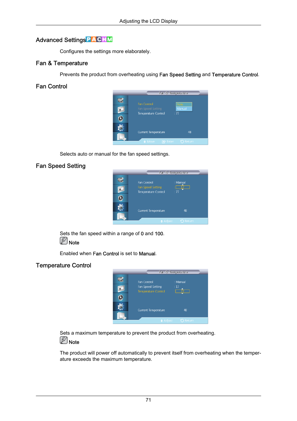 Advanced settings, Fan & temperature, Fan control | Fan speed setting, Temperature control | Samsung 460UT-2 User Manual | Page 93 / 121