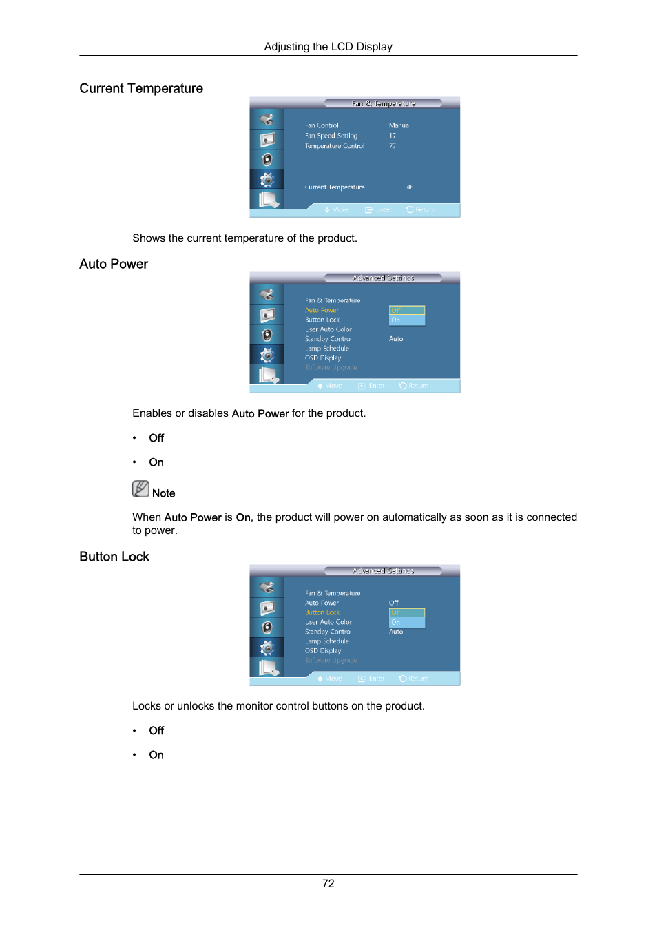 Current temperature, Auto power, Button lock | Samsung 460UT-2 User Manual | Page 94 / 121
