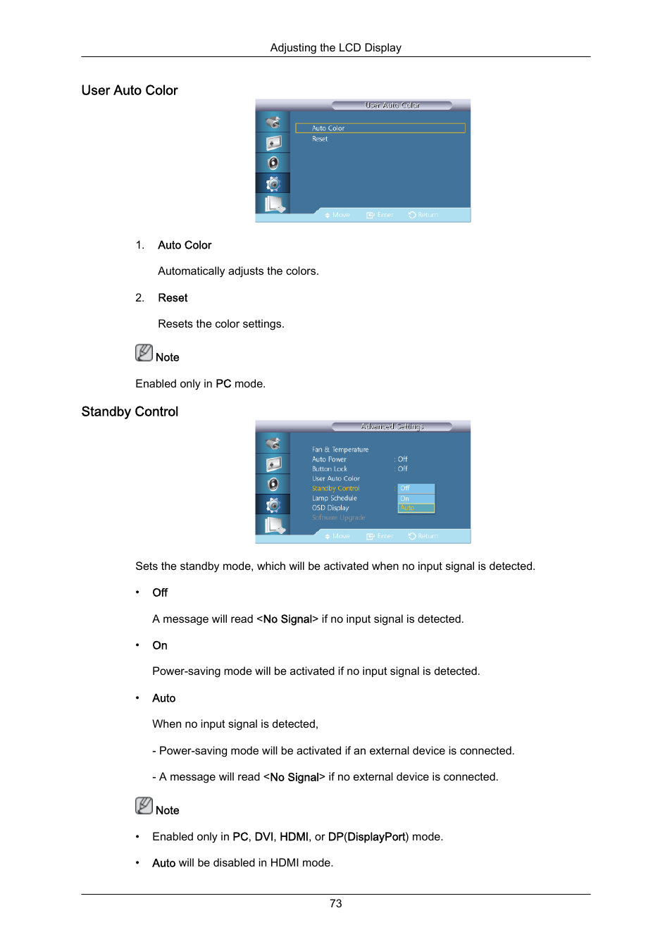 User auto color, Standby control | Samsung 460UT-2 User Manual | Page 95 / 121