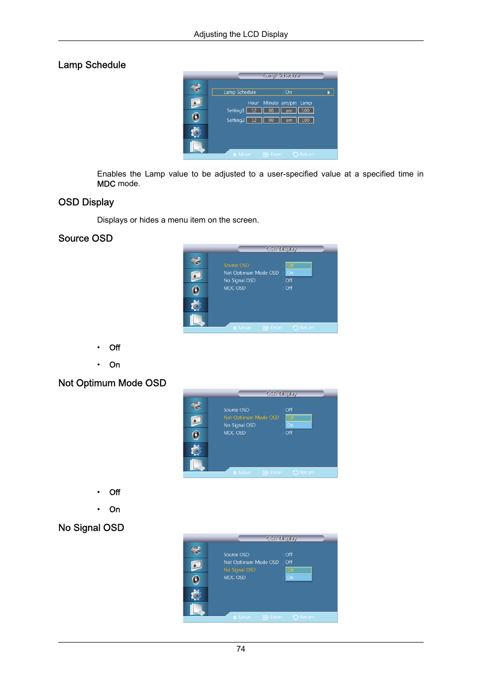 Lamp schedule, Osd display, Source osd | Not optimum mode osd, No signal osd | Samsung 460UT-2 User Manual | Page 96 / 121
