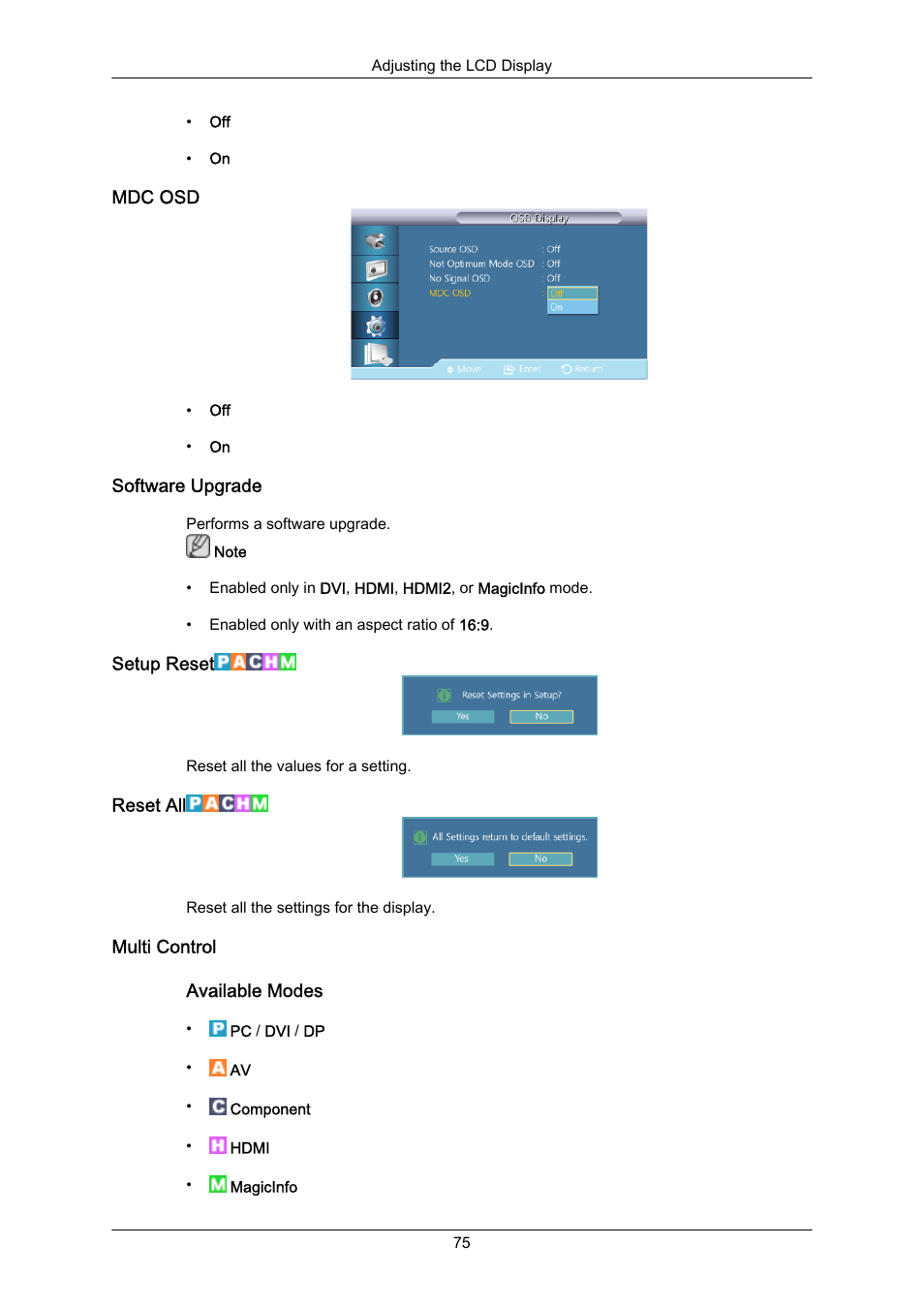 Mdc osd, Software upgrade, Setup reset | Reset all, Multi control | Samsung 460UT-2 User Manual | Page 97 / 121