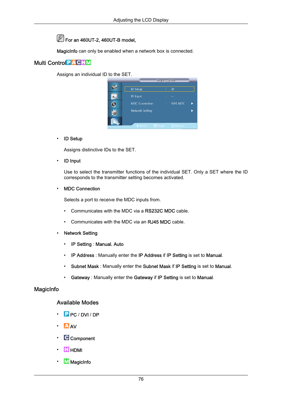 Multi control, Magicinfo | Samsung 460UT-2 User Manual | Page 98 / 121