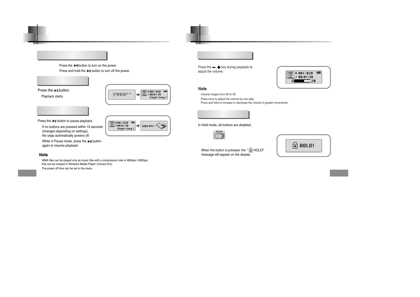 Basic usage, Playing music and turning off the device, Adjusting the volume/hold function | Adjusting the volume hold function | Samsung YEPP YP-T5H User Manual | Page 14 / 28