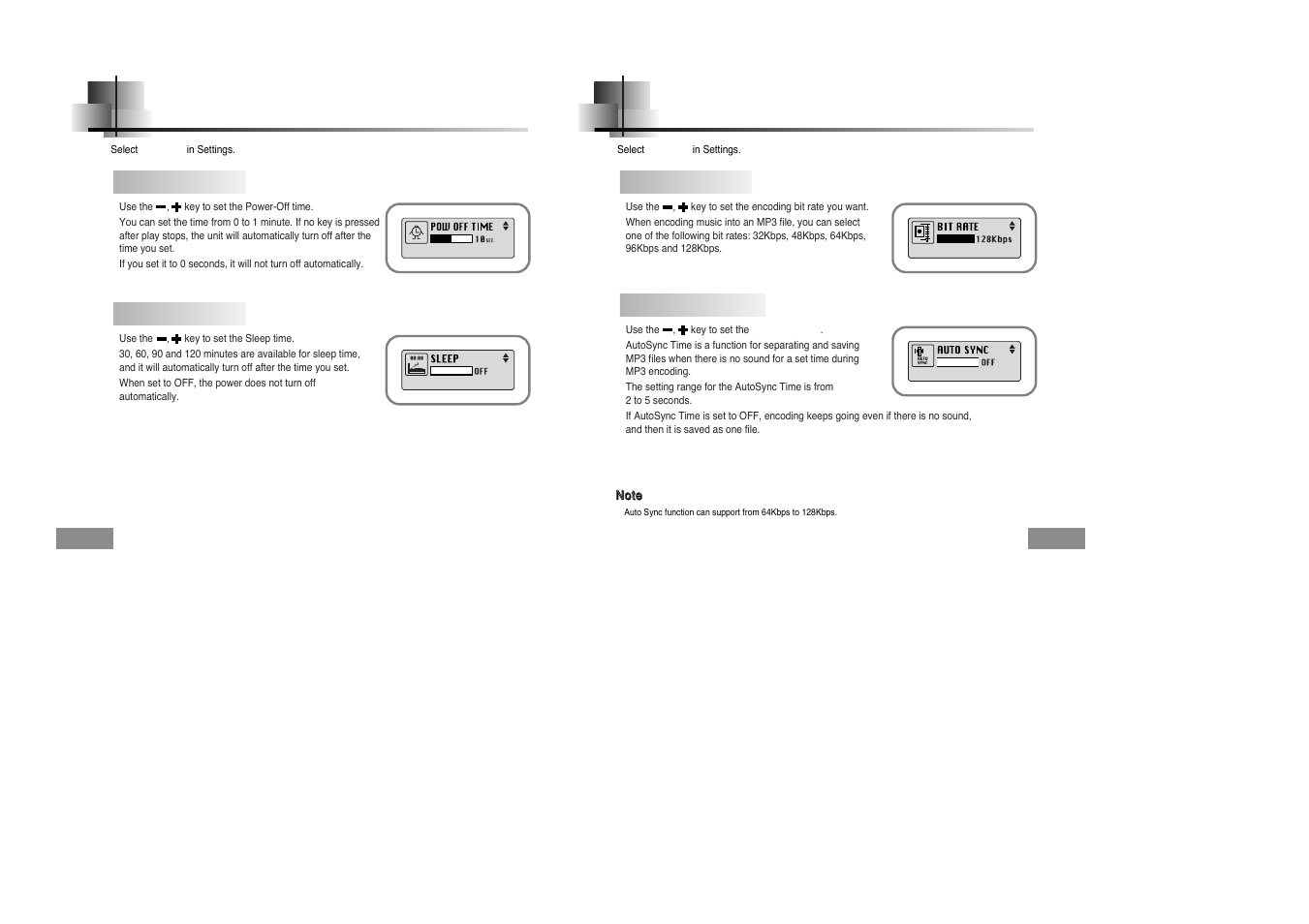 Power off time, Encoding, Power off time encoding | Time, Sleep, Bitrate, Autosync time | Samsung YEPP YP-T5H User Manual | Page 24 / 28