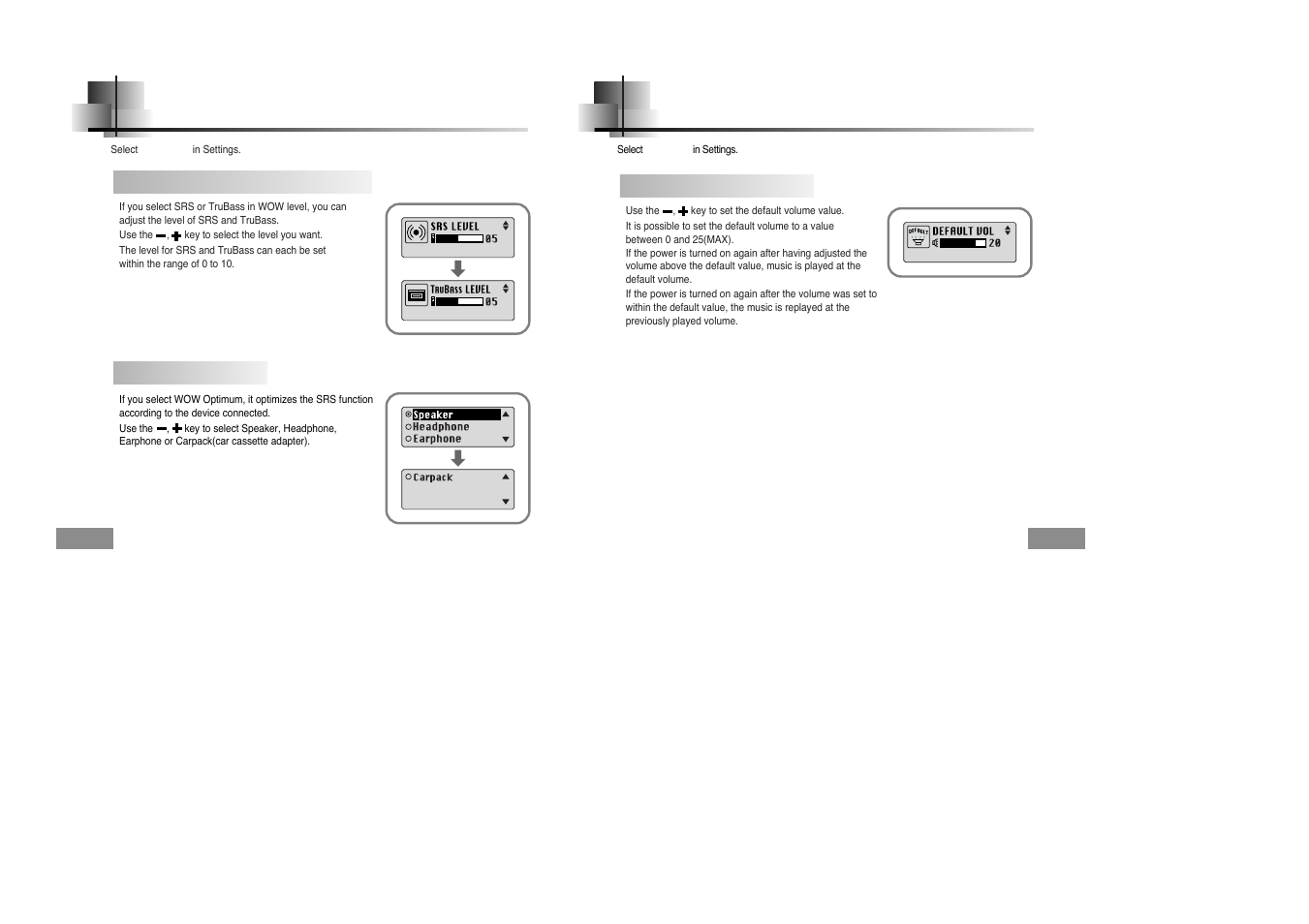 Wow level, Default volume, Menu table | Wow level default volume, Adjusting srs and trubass level, Wow optimum, Default vol | Samsung YEPP YP-T5H User Manual | Page 25 / 28