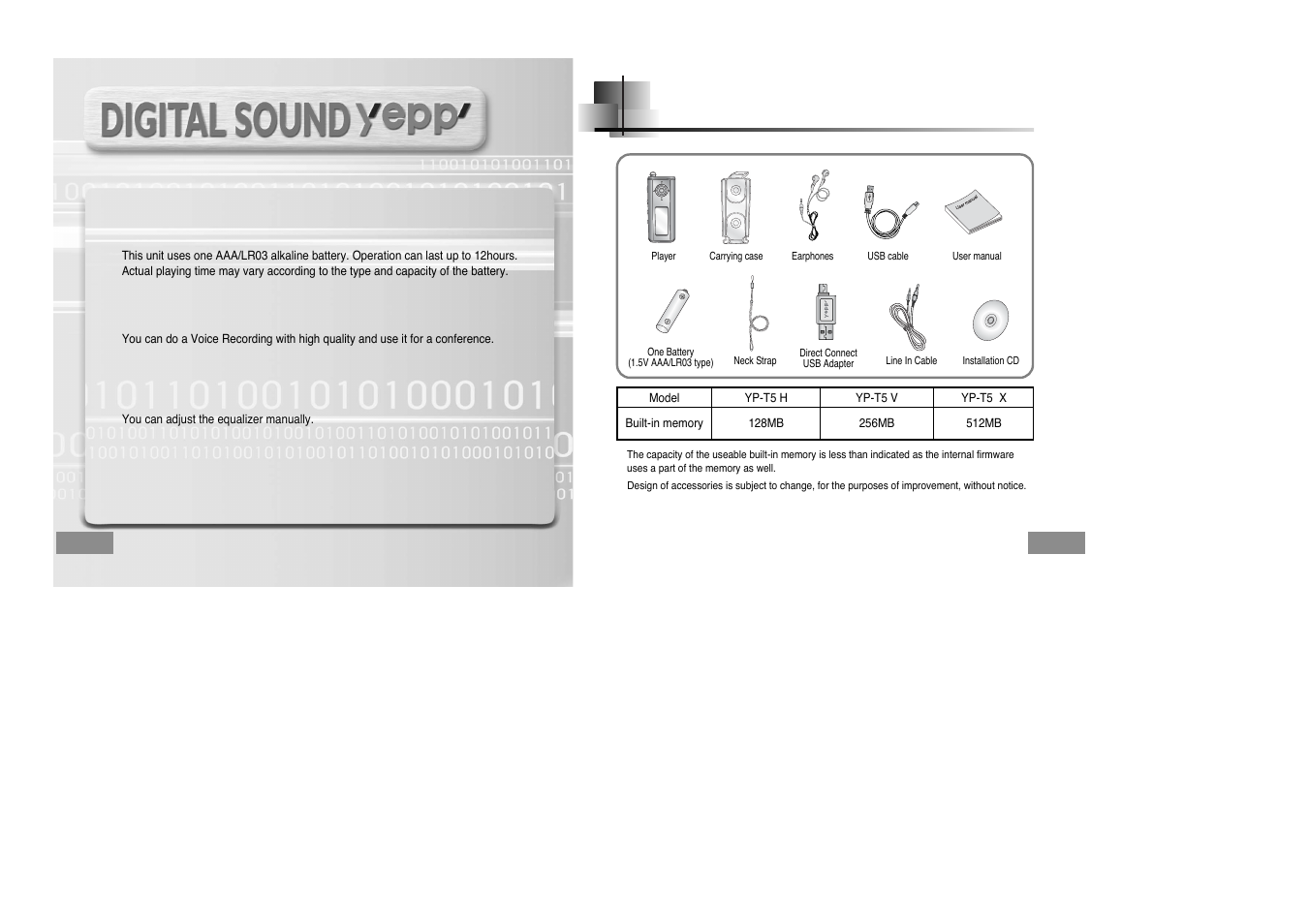 Accessories, Hour continuous play, Voice recording function | Sound | Samsung YEPP YP-T5H User Manual | Page 5 / 28
