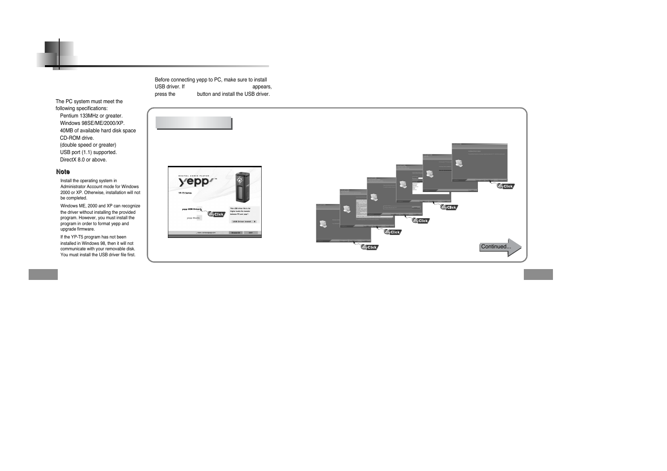 Connection to computer, Connecting the yepp to a pc, System requirements | Installing software | Samsung YEPP YP-T5H User Manual | Page 7 / 28