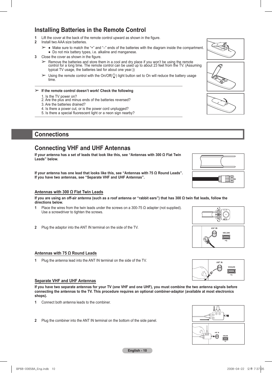Installing batteries in the remote control, Connections, Connecting vhf and uhf antennas | Connections connecting vhf and uhf antennas | Samsung 750 Series User Manual | Page 10 / 195