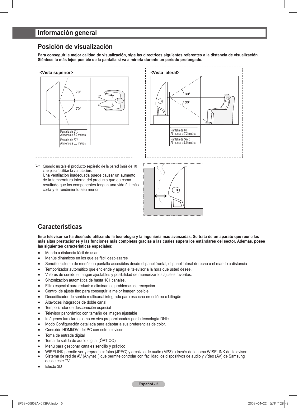 Información general posición de visualización, Características | Samsung 750 Series User Manual | Page 105 / 195