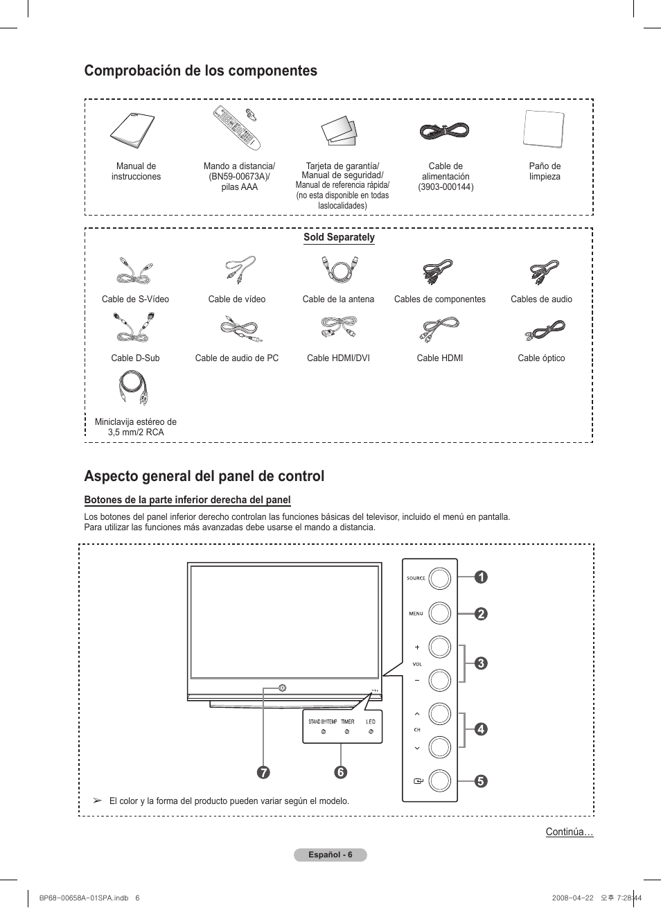 Aspecto general del panel de control, Comprobación de los componentes | Samsung 750 Series User Manual | Page 106 / 195