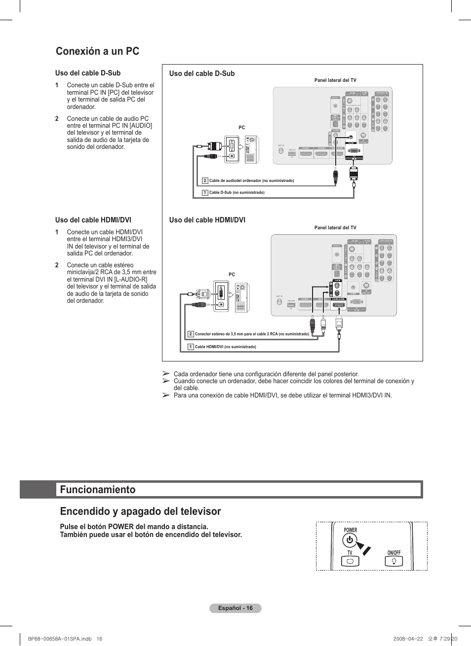 Funcionamiento encendido y apagado del televisor, Conexión a un pc | Samsung 750 Series User Manual | Page 116 / 195
