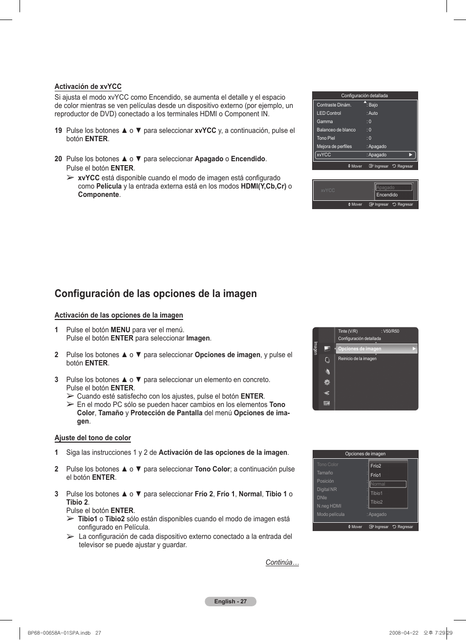 Configuración de las opciones de la imagen | Samsung 750 Series User Manual | Page 127 / 195