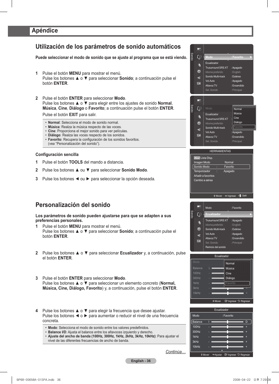 Personalización del sonido, Apéndice, Continúa | Samsung 750 Series User Manual | Page 136 / 195