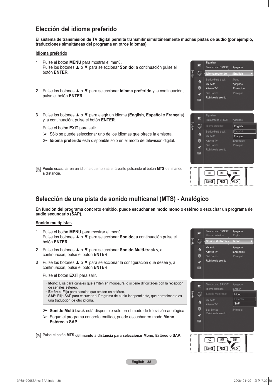 Elección del idioma preferido | Samsung 750 Series User Manual | Page 138 / 195