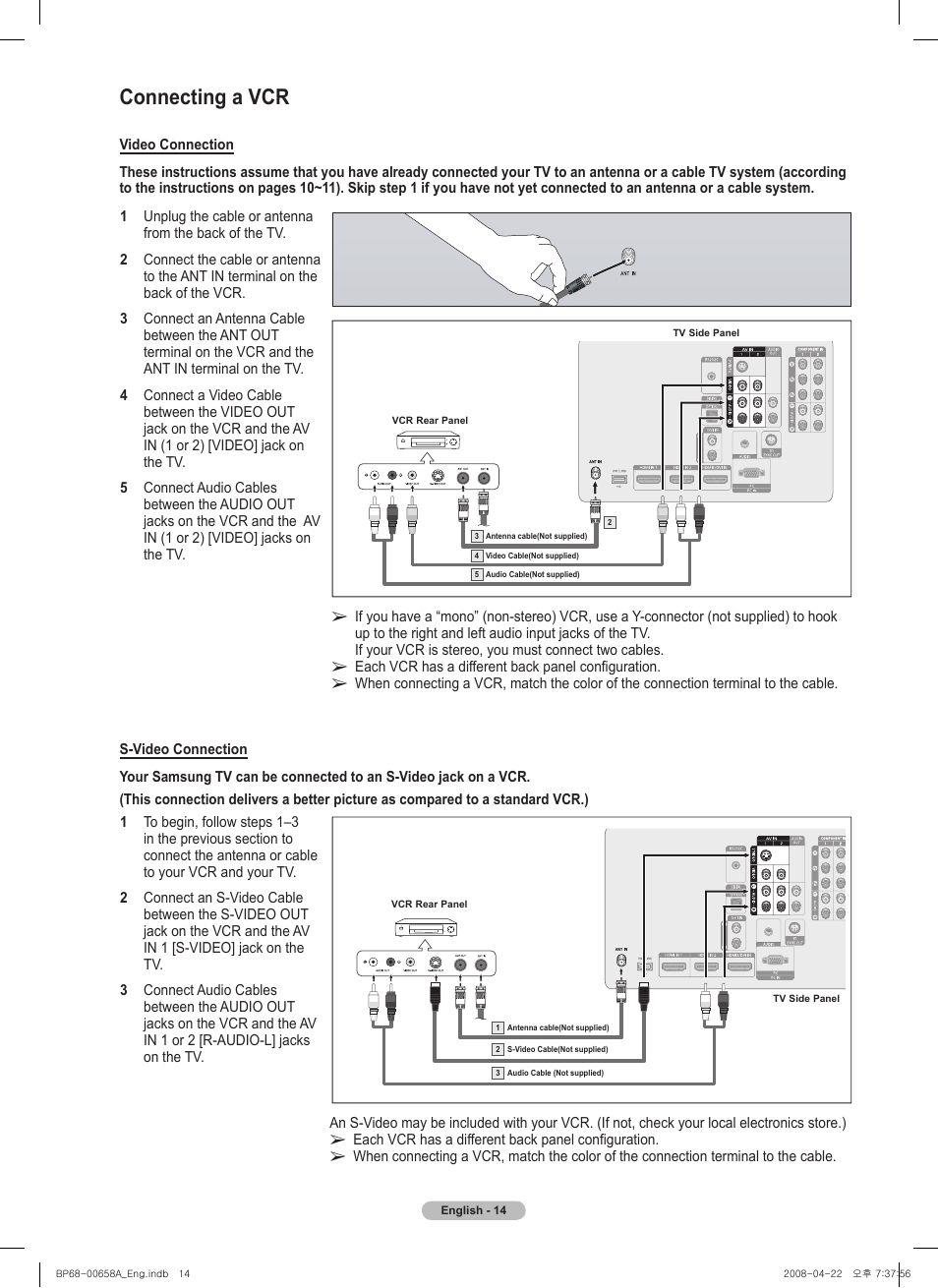 Connecting a vcr | Samsung 750 Series User Manual | Page 14 / 195