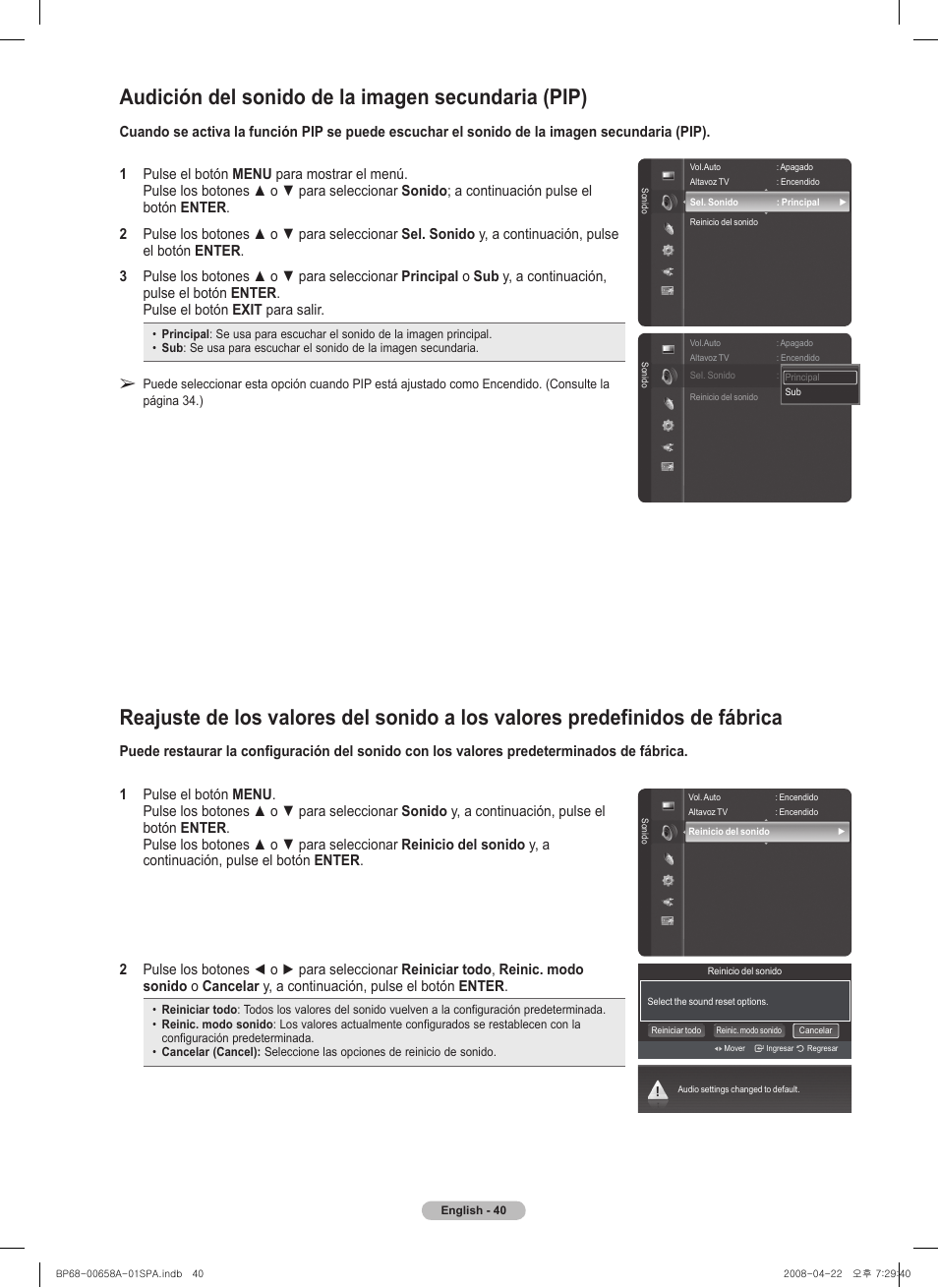 Audición del sonido de la imagen secundaria (pip) | Samsung 750 Series User Manual | Page 140 / 195