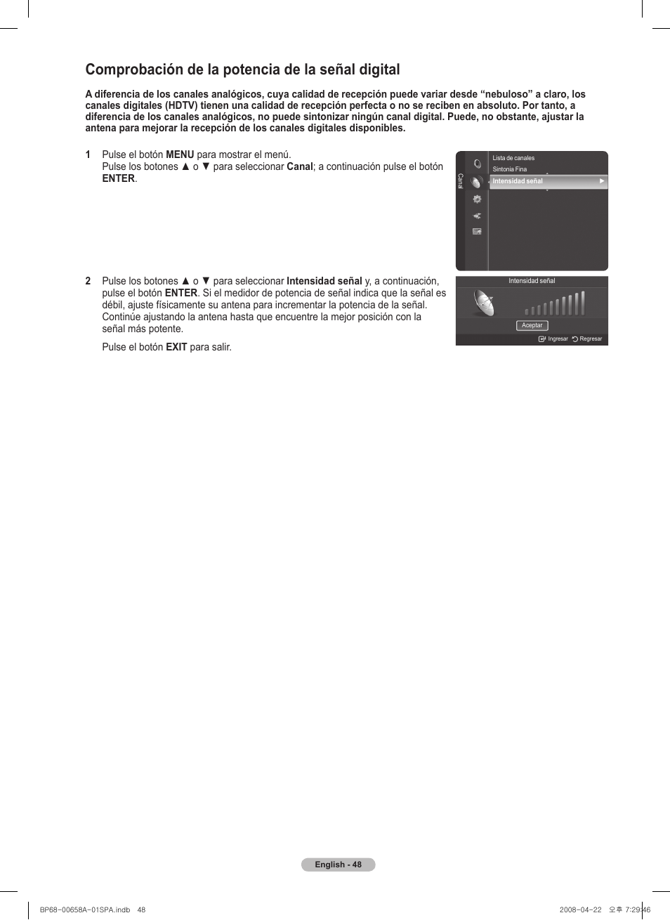 Comprobación de la potencia de la señal digital | Samsung 750 Series User Manual | Page 148 / 195